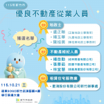 115年優良不動產6位從業人員及1家業者獲選   10/21公開表揚